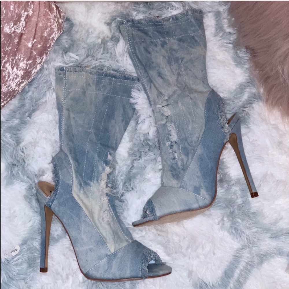 Distressed Denim•Peep-Toe•Heeled Bootie - Picture 1 of 8